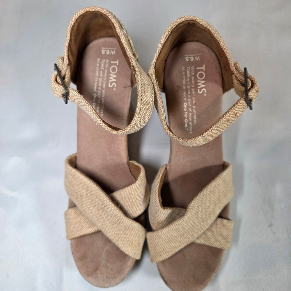 TOMS Sienna Cork Wedge Sandals Womens 6.5 Tan Natural Linen Adjustable Strap - Picture 4 of 5